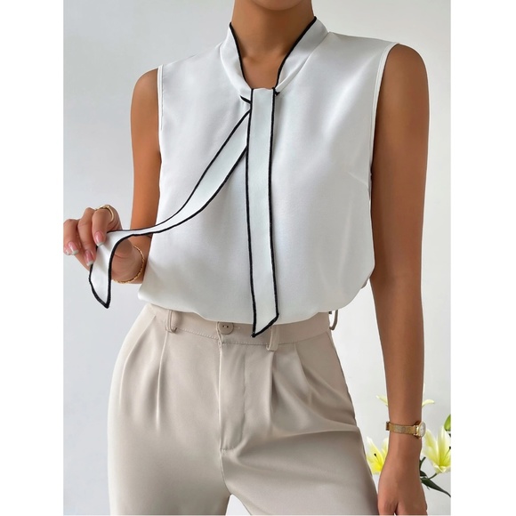 White Blouse Black Trim Tie Front Neck Sleeveless Blouse Office Top Shirt - Picture 2 of 11
